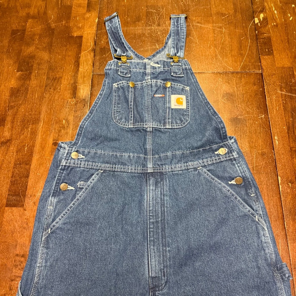Carhartt Denim Bib Overalls Mens 34x28 Blue R07-DST Carpenter Workwear